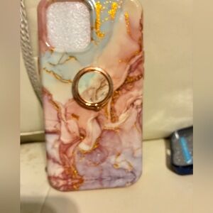 Marble Pattern iPhone 12 Max Pro Phone Case with Ring Holder - Pink and Gold
